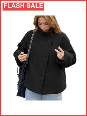 Womens Cropped Wool Blend Pea Coat Stand Collar Button Jacket